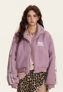 Cropped fleece jacket thread applique fluffy bomber in pink