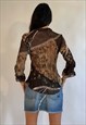 VINTAGE 00S Y2K BROWN BOHO PRINT RUFFLE 3/4 SLEEVE MESH TOP