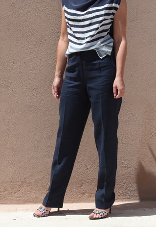 DEADSTOCK 90S BLUE LINEN HIGH WAIST STRAIGHT LEG TROUSERS