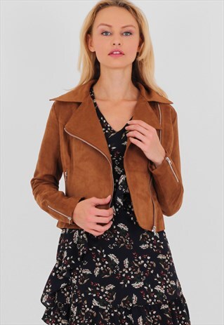 TAN SUEDETTE LONG SLEEVES BIKER JACKET