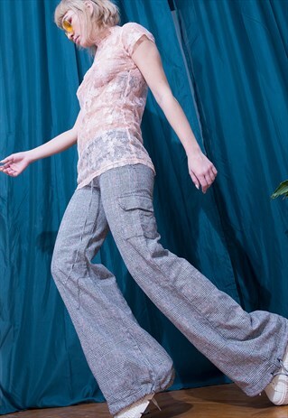 PLAID ROSE GRAY FLARED TROUSERS