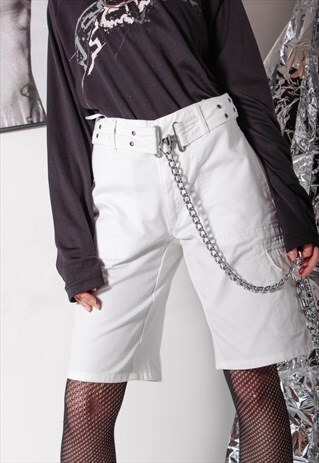 90S VINTAGE Y2K GOTHIC CARGO WHITE DENIM SILVER O-RING SHORT
