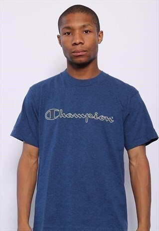 VINTAGE CHAMPION BIG SPELL OUT LOGO T-SHIRT BLUE