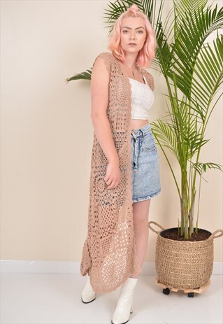 VINTAGE 90S CROCHET KNIT SUMMER PICNIC GILET CARDIGAN BEIGE