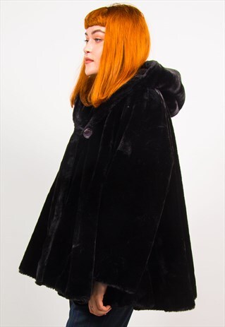 VINTAGE 90'S BLACK THICK FAUX FUR CAPE COAT