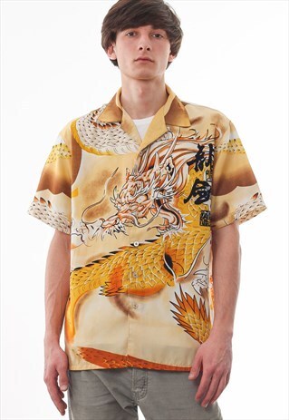 VINTAGE DRAGONS HAWAIIAN JAPAN 90S YELLOW GOLD SHORT SLEEVE