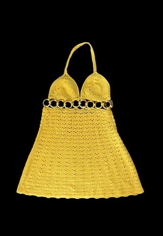 60's Ladies Vintage Yellow Crochet Gold Hoop Mini Dress