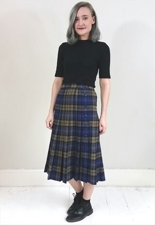 VINTAGE 80'S BLUE WOOL SIDE BUTTON TARTAN SKIRT