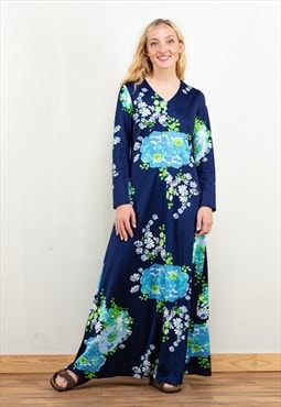 Vintage 70's Floral Maxi Dress in Blue and Green