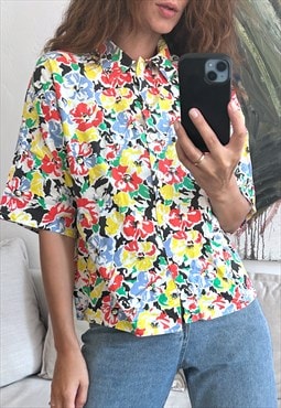 Vintage Cotton Colorful Flower Shirt - XL