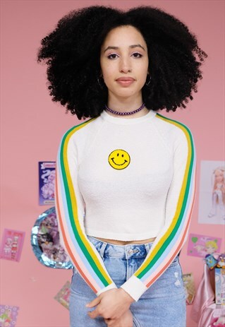REWORKED TOP HAPPY FACE RAINBOW STRIPE SLEEVE