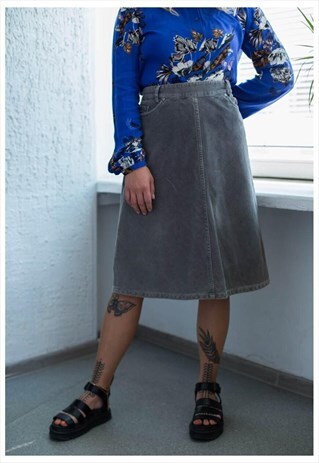 VINTAGE 80'S GREY CORDUROY MIDI SKIRT