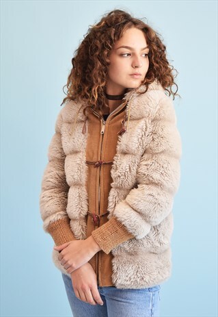 90'S RETRO FAUX FUR FLUFFY CORDUROY DETAILED NEUTRAL JACKET