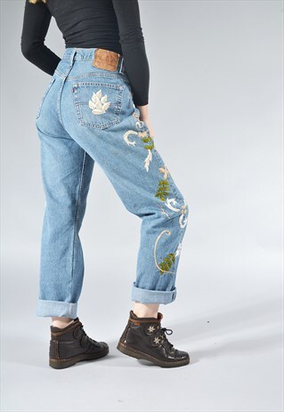 RARE VINTAGE LEVI'S 501 MID BLUE EMBROIDERED JEANS
