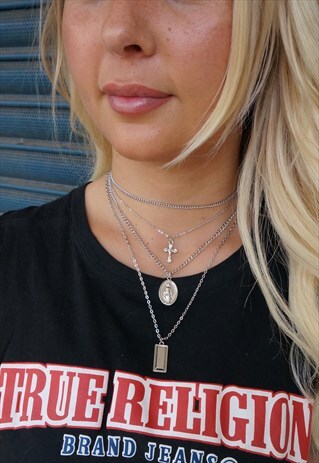 HALE MARY AND CROSS CHARM TRIPLE LAYERED NECKLACE