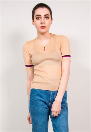 VINTAGE 70'S LIGHT BROWN KNIT RIBBED SHORT SLEEVE TOP