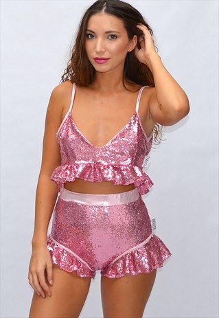 PINK SEQUIN FRILL CROP TOP