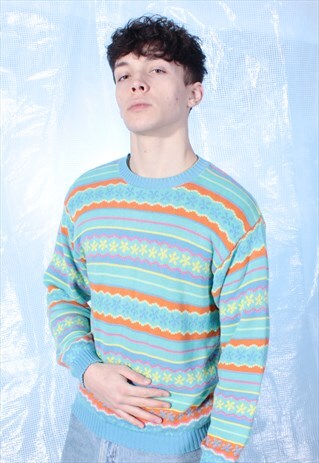 VINTAGE BENETTON TEAL, ORANGE AND YELLOW STRIPED JUMPER
