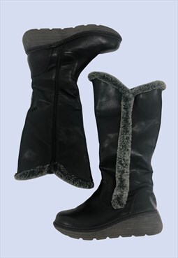 Black Faux Leather Lined Zip Wedge Casual Knee High Boots