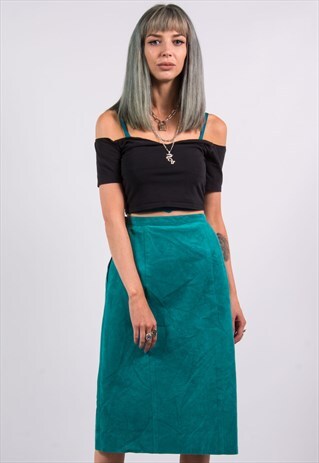 90'S VINTAGE FAUX SUEDE TURQUOISE MIDI SKIRT