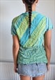 VINTAGE Y2K ABSTRACT PRINT TIE FRONT TOP V NECK TURQUOISE 