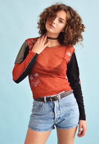 90'S RETRO ORIENTAL PRINT STRETCH KITSCH PARTY TOP
