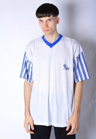 VINTAGE 80S GREY BLUE STRIPED 69ER BASEBALL T-SHIRT