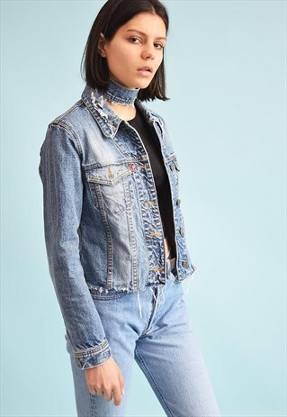 90'S RETRO DISTRESSED DENIM CROPPED JACKET & CHOKER SET