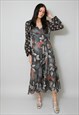 70'S JOBI VINTAGE MIDI DRESS GREY FLORAL LONG BELL SLEEVE