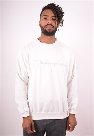 CHAMPION MENS VINTAGE SWEATSHIRT JUMPER MEDIUM WHITE 90S