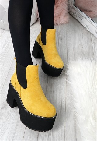 YELLOW WOMENS CHELSEA BOOTS PLATFORM BLOCK HEEL SHOES