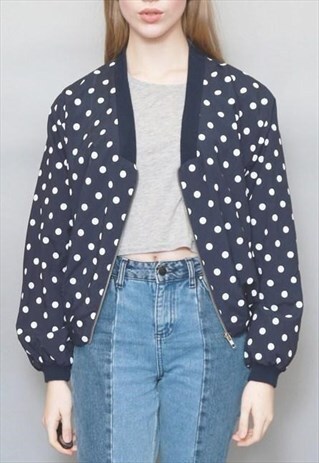 VINTAGE 1990'S NAVY AND WHITE POLKA DOT BOMBER JACKET