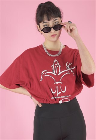 VINTAGE REWORKED CROP TOP T-SHIRT IN RED WITH GRAPHIC PRINT