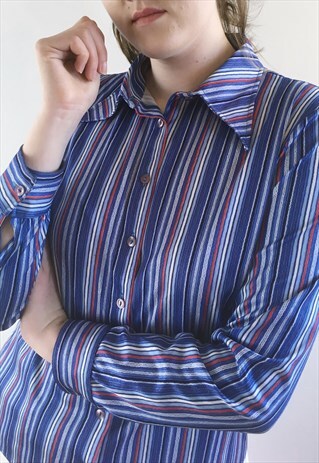 WOMENS VINTAGE 70S BLOUSE BLUE STRIPY LONG SLEEVE SHIRT TOP