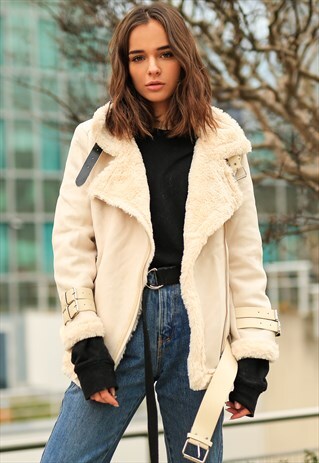 BELTED FAUX FUR AVIATOR JACKET