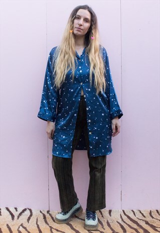 VINTAGE STAR PRINT PYJAMA STYLE SILKY TOP DRESS