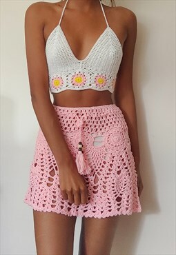 Pink and white crochet co-ord, skirt and floral bralette