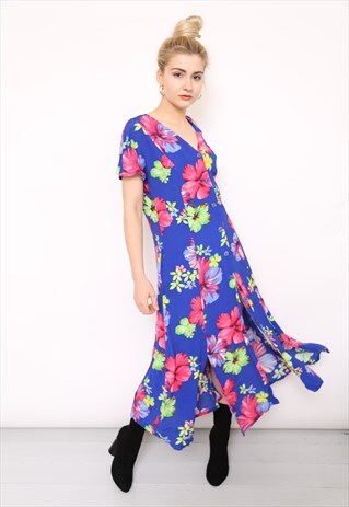 VINTAGE 90S BLUE FLORAL BUTTON MIDI DRESS
