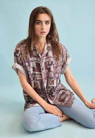 90'S RETRO ORIENTAL PRINT FESTIVAL OVERSIZED SILK BLOUSE TOP