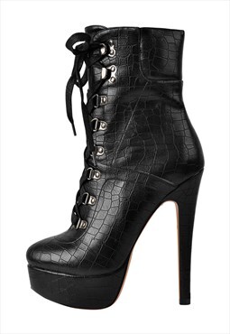Croc Print Platform Stiletto Heel Lace Up Ankle Boots Black