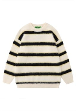 Striped sweater fluffy knitted jumper soft pullover in cream