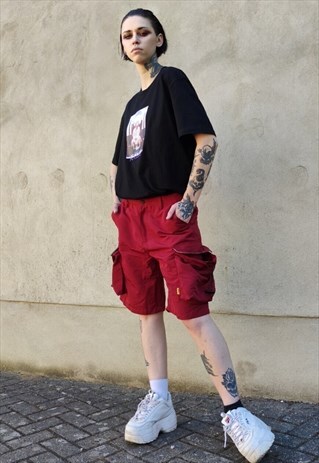 CARGO POCKET SHORTS BEAM BAGGY SKATER SPORTS OVERALLS IN RED
