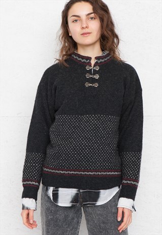 VINTAGE DARK GREY NORWEGIAN KNIT WOOL JUMPER SWEATER