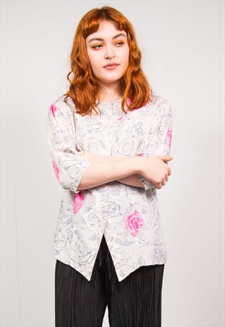 VINTAGE 90'S CREAM & PINK ROSE PRINT COLLARLESS BLOUSE SHIRT
