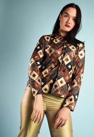 VINTAGE 80'S RETRO GEOMETRIC PRINT VELVET SHIRT TOP