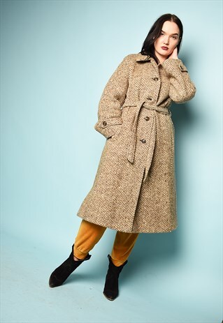 VINTAGE 70'S RETRO NEUTRAL TWEED WOOLLEN LONGLINE COAT