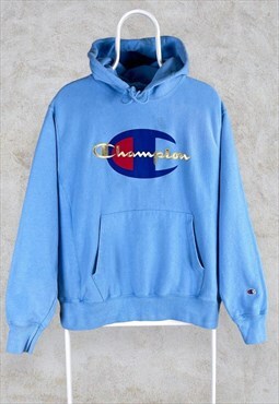 Vintage Blue Champion Reverse Weave Hoodie Embroidered Mens 