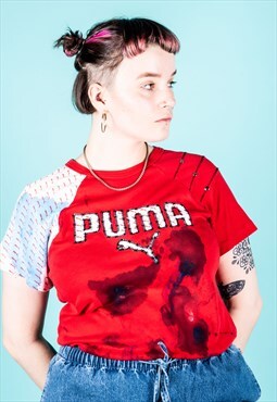 Vintage 1990s Puma T-Shirt in Red with Paint Marks