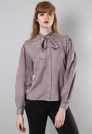 VINTAGE 80S SATIN SPOTTY TIE NECK BLOUSE