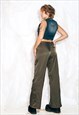 VINTAGE Y2K CARGO FLARE TROUSERS IN KHAKI SATIN